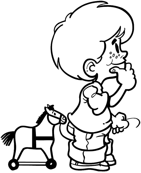 Little boy leading toy horse vinyl sticker. Customize on line.     Children 020-0277  